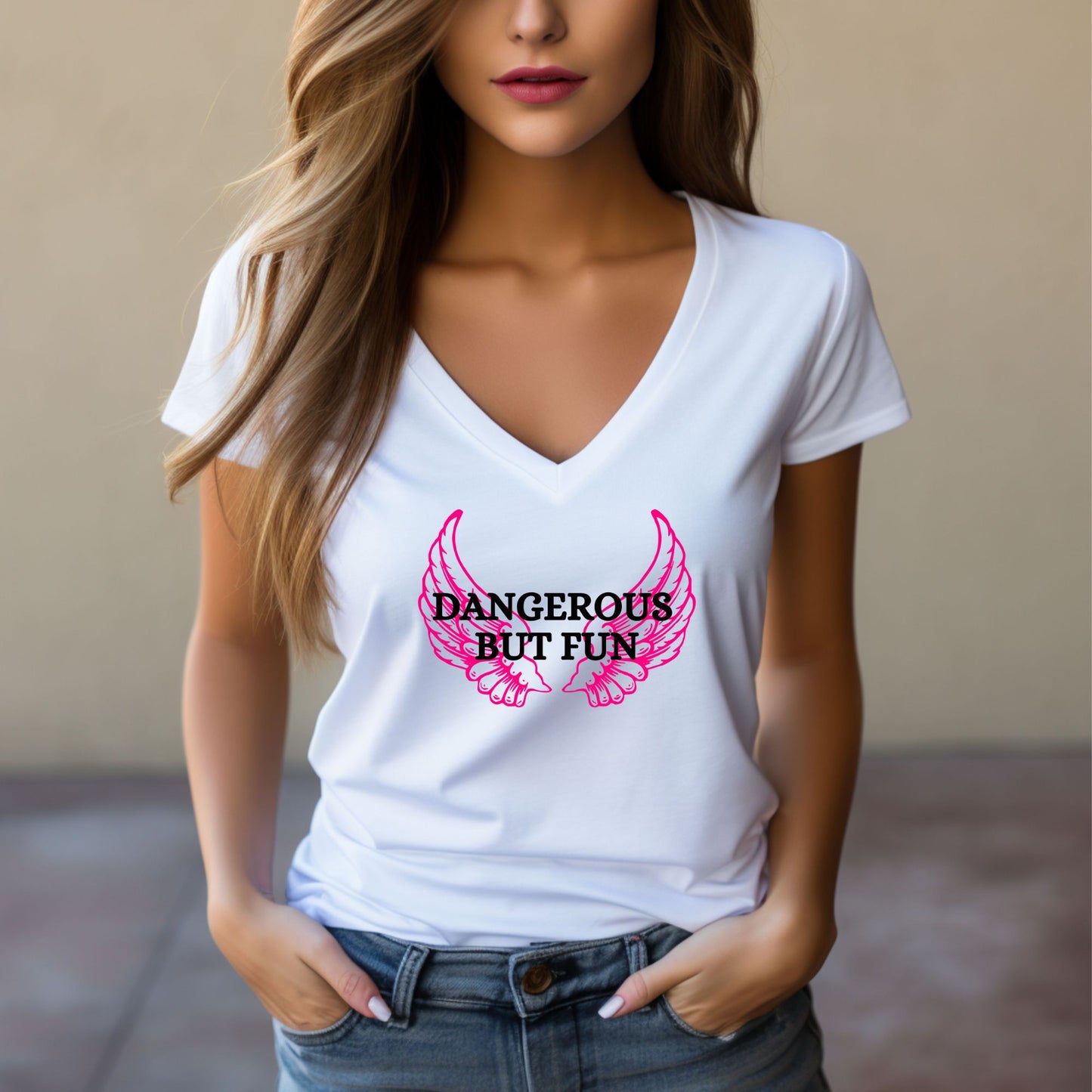 Rakkgear Women's Dangerous But Fun V-Neck Tee in white