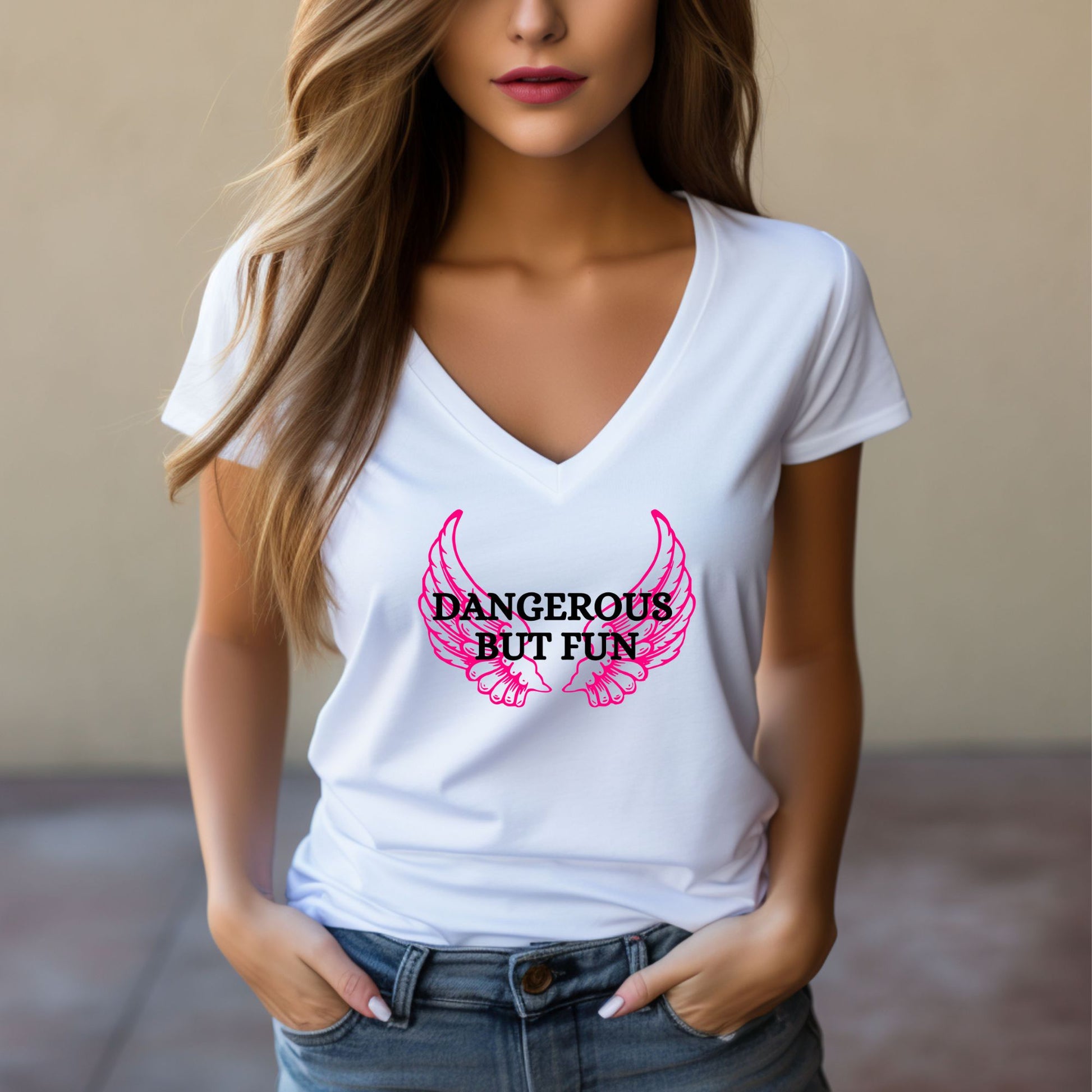 Rakkgear Women's Dangerous But Fun V-Neck Tee in white