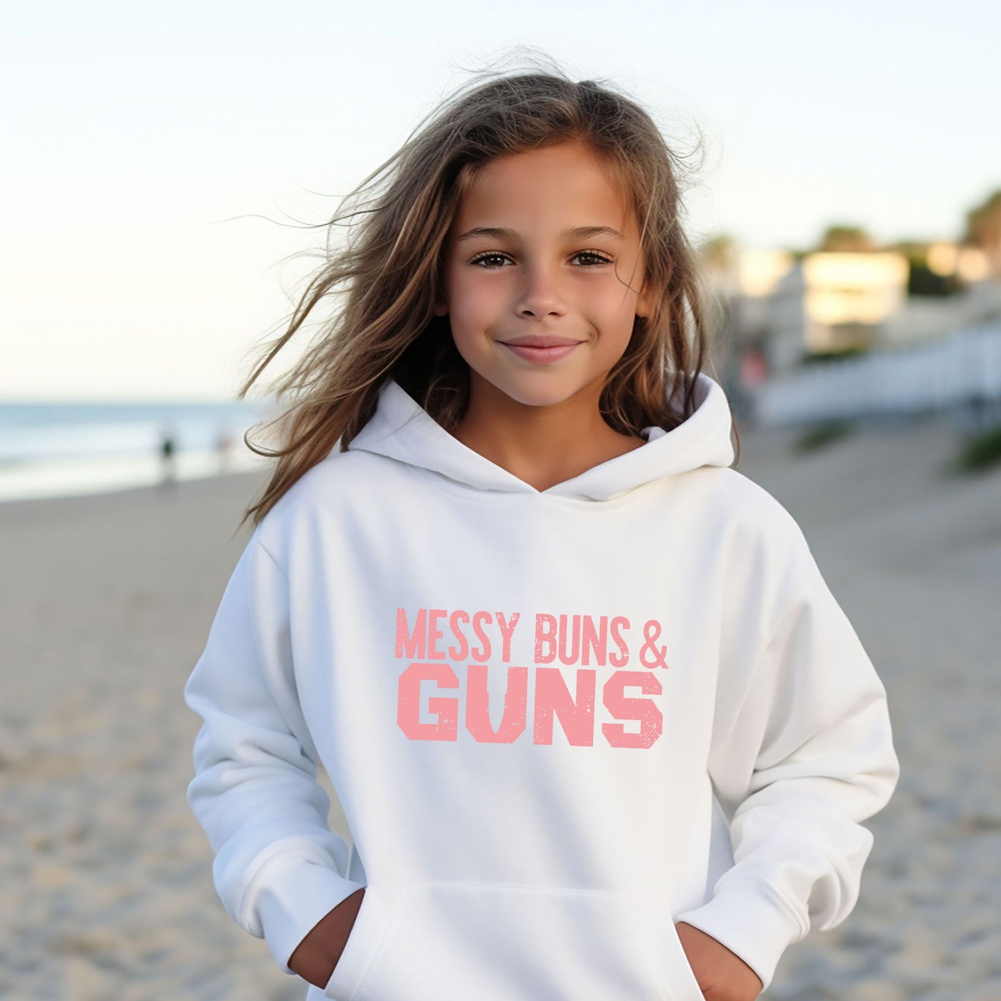 Rakkgear Girls Messy Buns and Guns hoodie in White with bold slogan on front and Rakkgear logo on the inner upper back. 