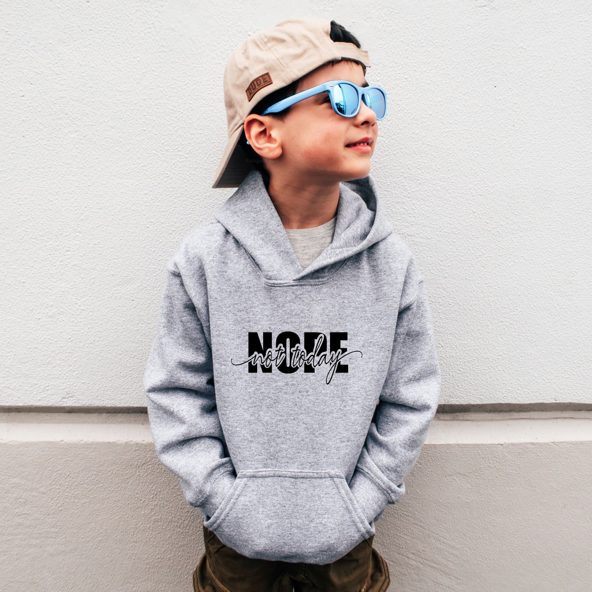 Rakkgear Youth "Nope Not Today" Grey Hoodie: Grey hoodie featuring bold 'NOPE' and 'Not Today' in cursive on the front. Iconic Rakkgear Logo on the upper back