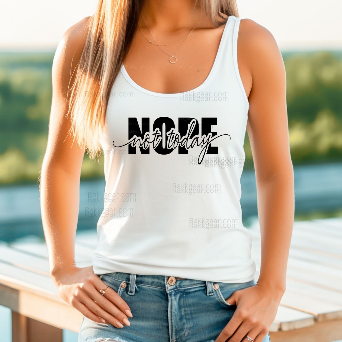 Rakkgear Women's White Tank Top with 'Nope Not Today' slogan on the front, featuring the Rakkgear logo on the upper inner back.