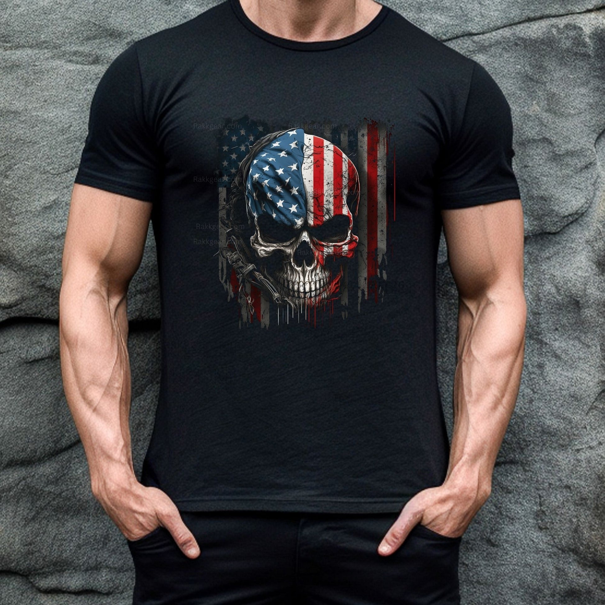 Rakkgear Red White and Blue Skull Short Sleeve Tee in black