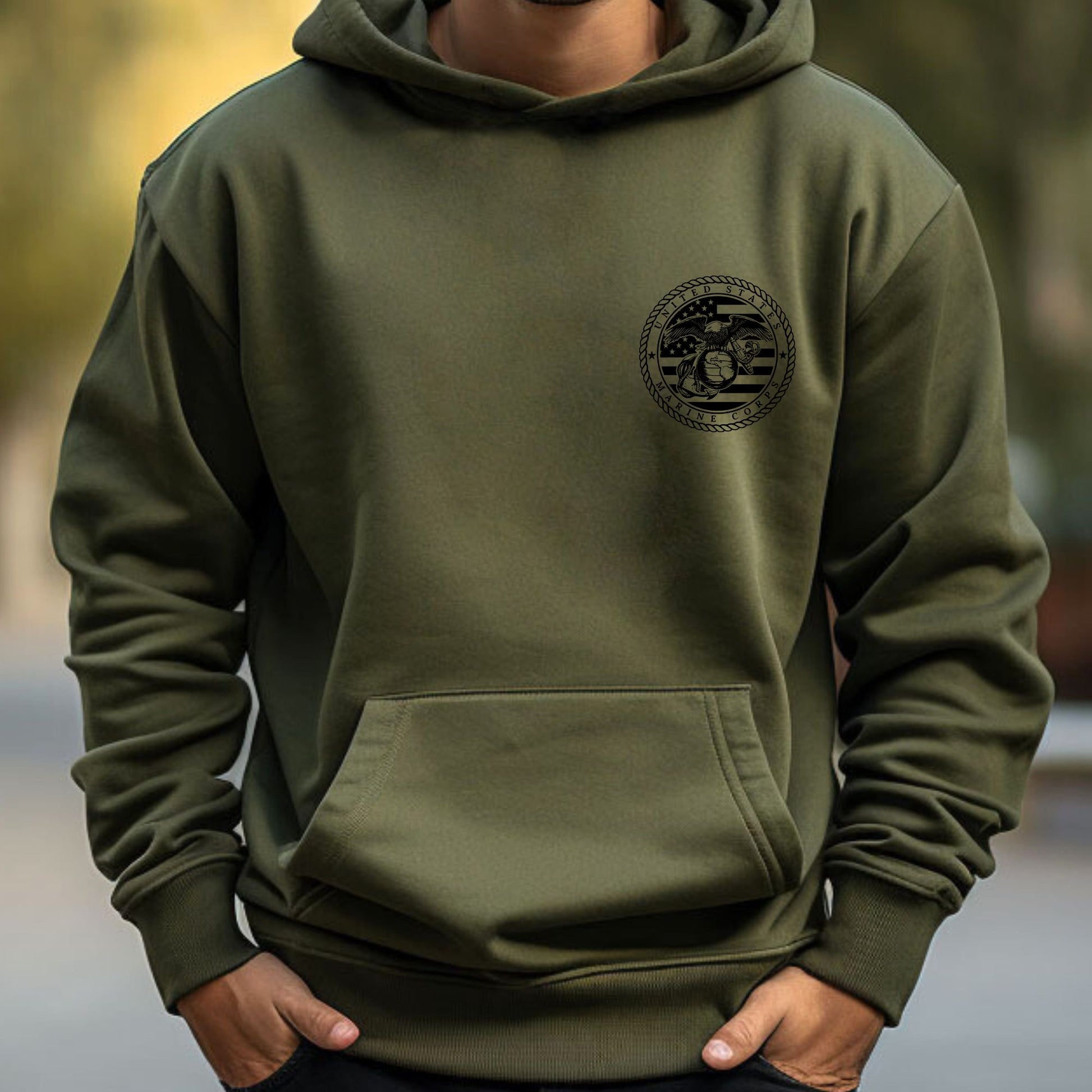 Rakkgear USMC Complicated Heavy Hoodie front in military green