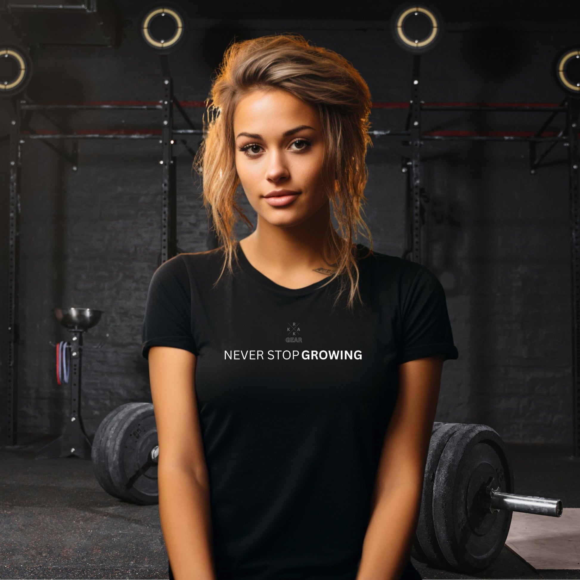 Rakkgear 'Never Stop Growing' Black T-Shirt – Embrace growth with the iconic Rakkgear X Logo and empowering slogan. Inner collar features the iconic Rakkgear Logo