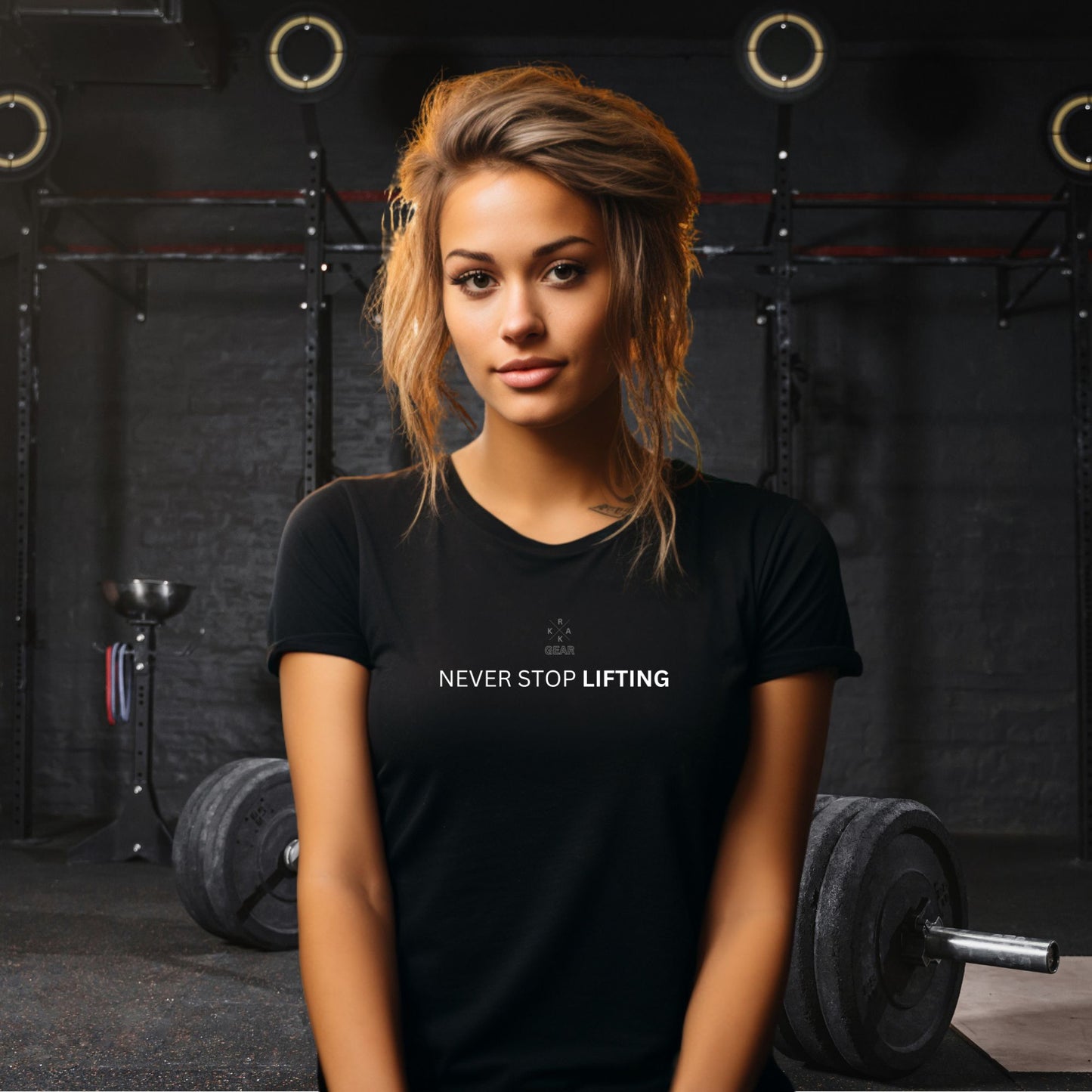 Rakkgear 'Never Stop Lifting' Black T-Shirt with Rakkgear X Logo on the front, 'Never Stop Lifting' slogan, and iconic Rakkgear Logo on inner collar.
