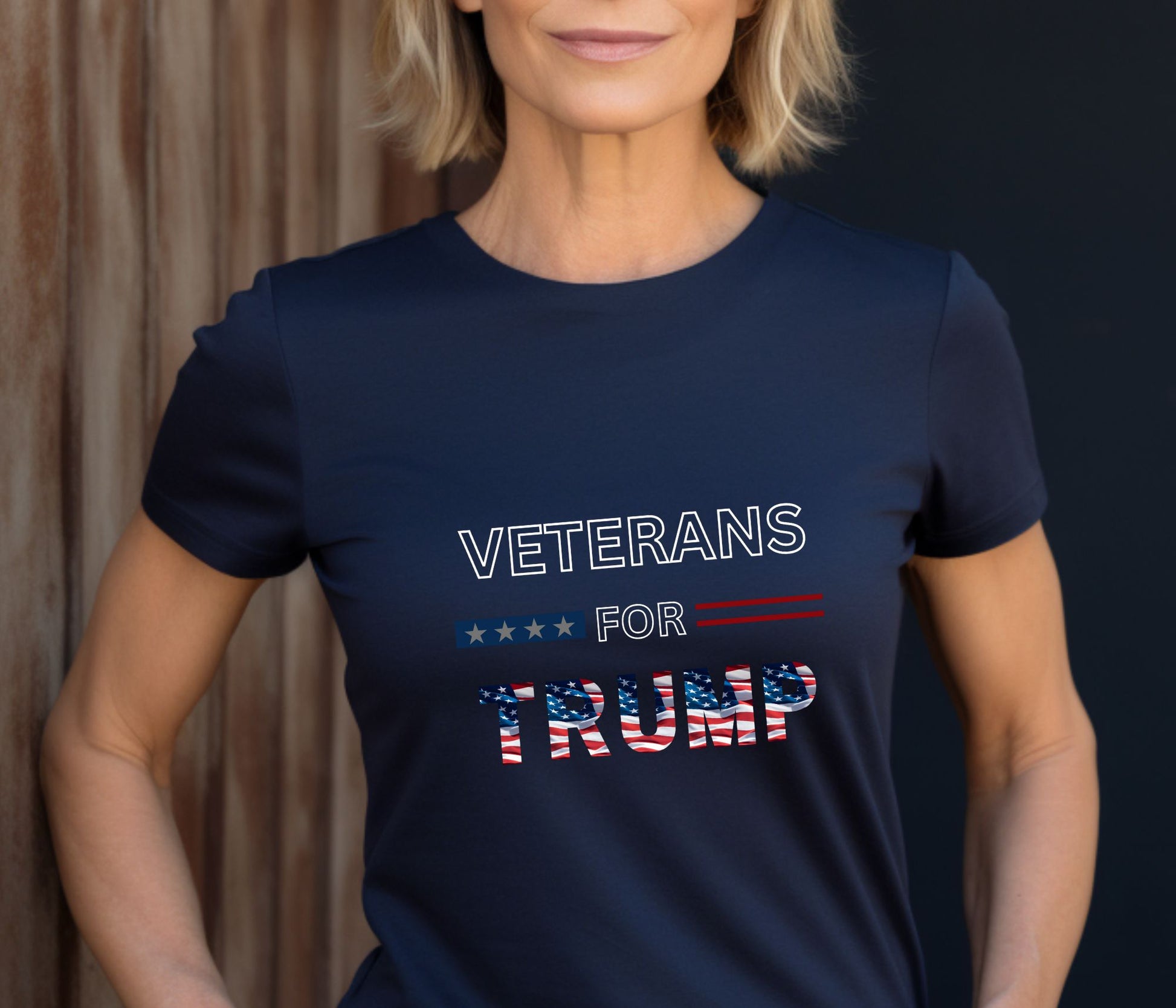 Rakkgear Women's Veterans For Trump Short Sleeve Tee in navy blue