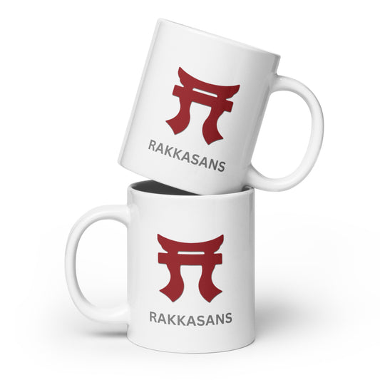 15 and 20oz White Coffee mugs with the Rakkasan Red Tori on each side of the mug