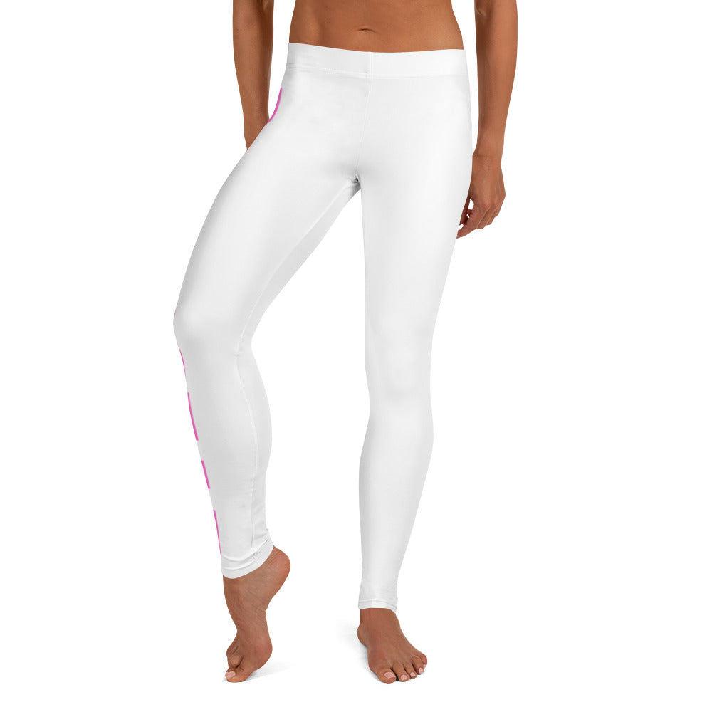 "Rakkgear Women's White Yoga Leggings with pink 'RAKKGEAR' text down the right leg, ideal for comfort and style during workouts."