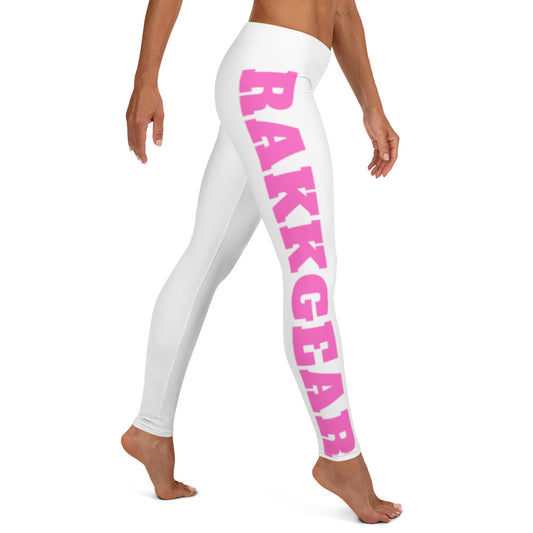 "Rakkgear Women's White Yoga Leggings with pink 'RAKKGEAR' text down the right leg, ideal for comfort and style during workouts."