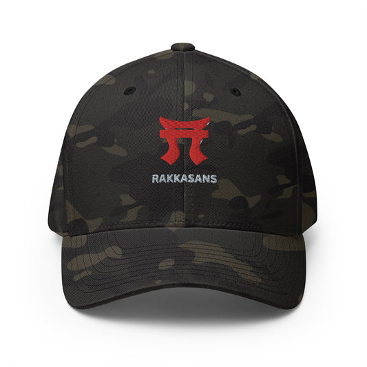 Rakkgear "Rakkasans" Multicam Black Embroidered Fitted Baseball Cap: Multicam black cap with iconic Rakkasans Logo embroidery on the front.