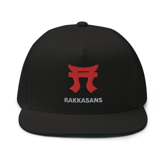 Rakkgear "Rakkasans" Black Flat Bill Hat: Black cap featuring the iconic Rakkasans Tori on the front with bold 'Rakkasans' print underneath