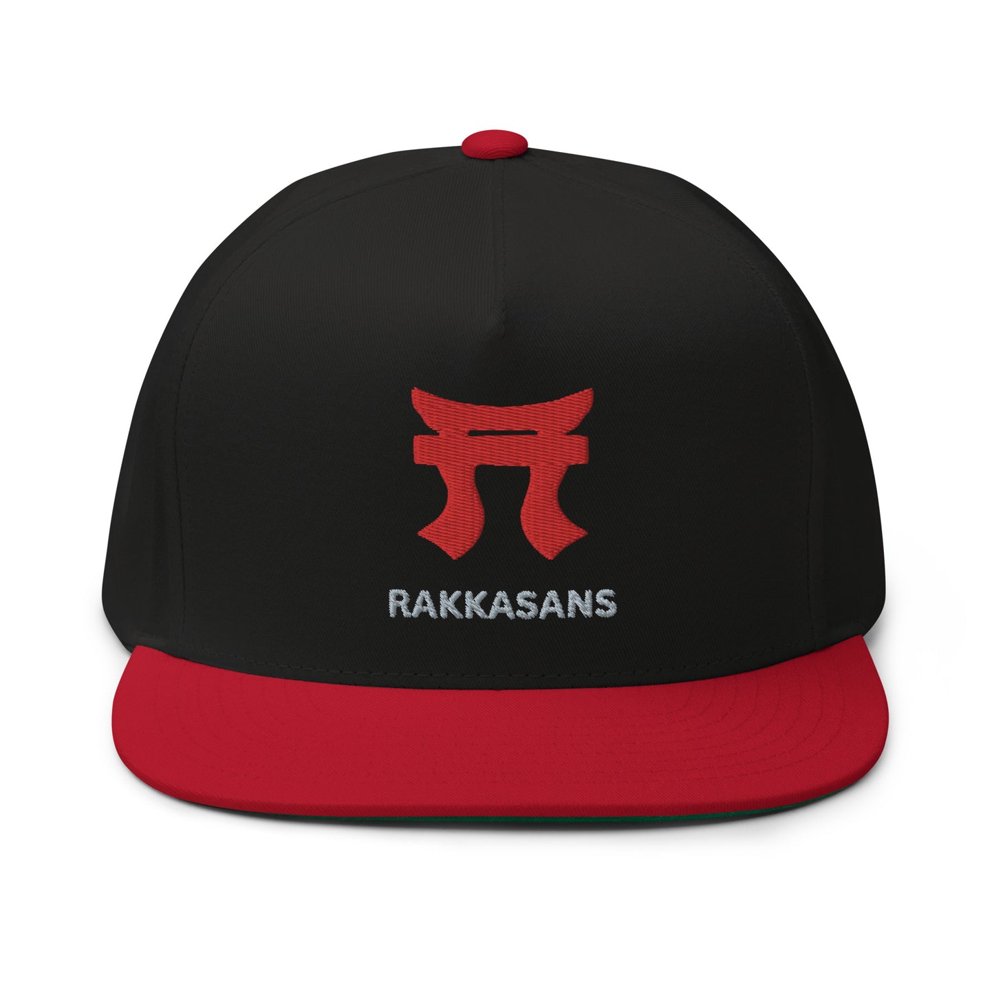 Rakkgear "Rakkasans" Black and Red Flat Bill Hat: Black cap featuring the iconic Rakkasans Tori on the front with bold 'Rakkasans' print underneath