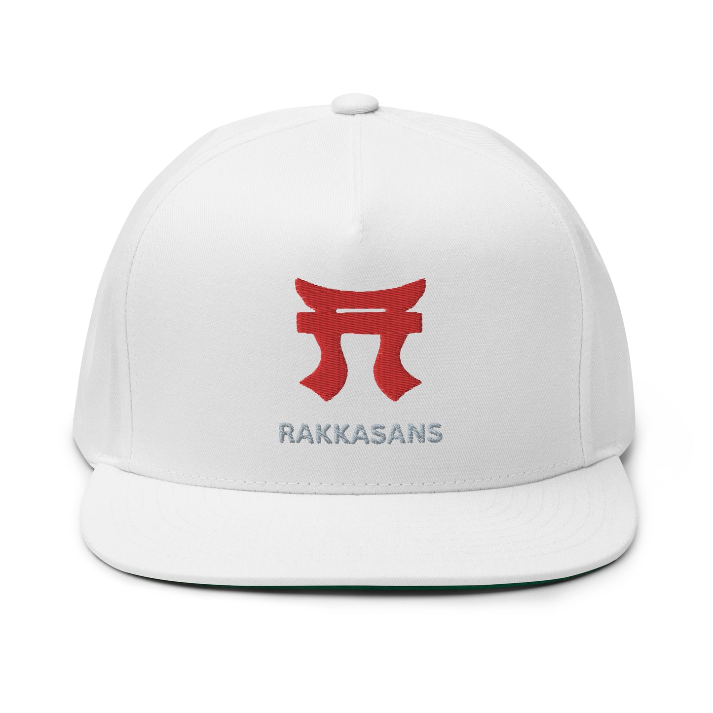 Rakkgear "Rakkasans" White Flat Bill Hat: Black cap featuring the iconic Rakkasans Tori on the front with bold 'Rakkasans' print underneath