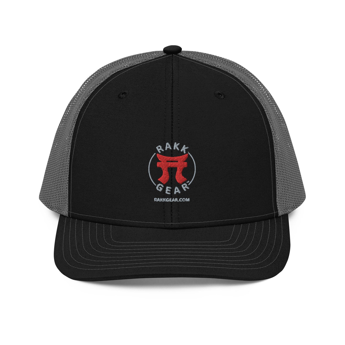 Rakkgear Trucker Cap: Black and charcoal cap with the iconic Rakkgear Logo embroidered on the front.