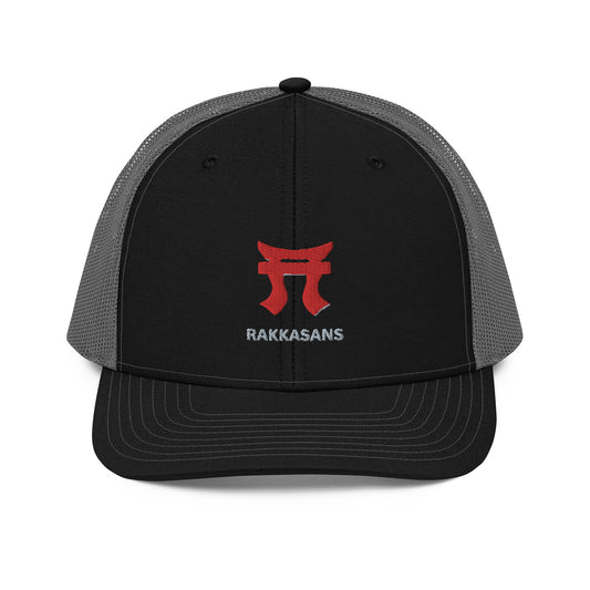 Rakkgear "Rakkasans" Black/Charcoal Trucker Cap: Black and charcoal cap with the iconic Rakkasans Logo embroidered on the front.