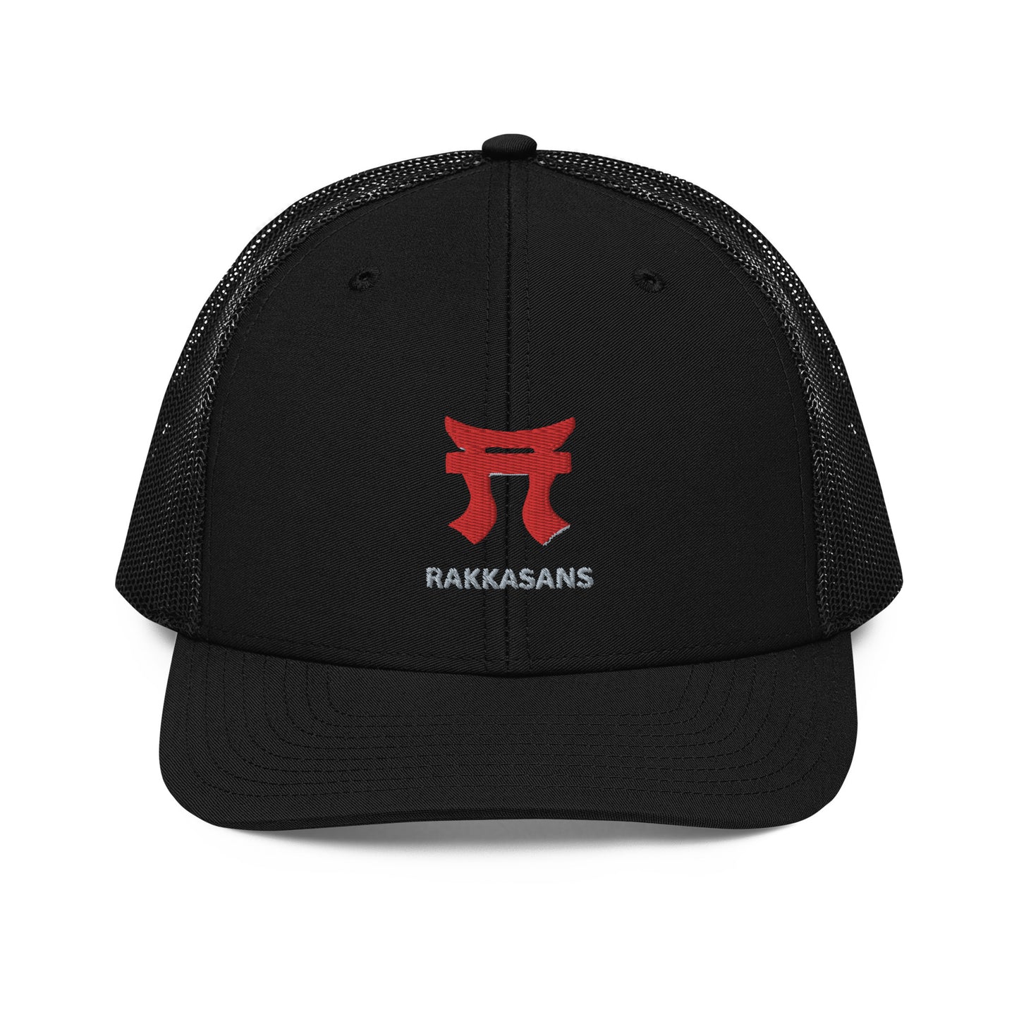 Rakkgear "Rakkasans" Black Trucker Cap: Black and charcoal cap with the iconic Rakkasans Logo embroidered on the front.