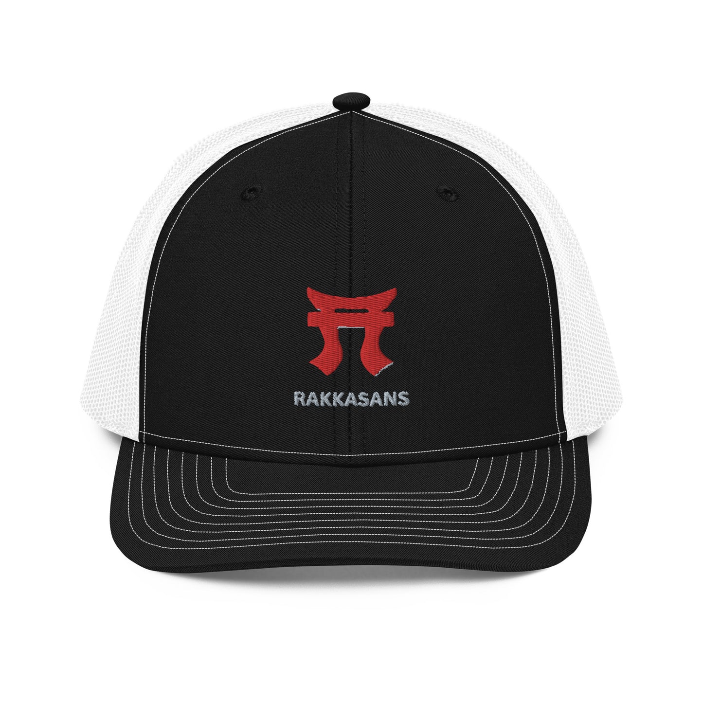 Rakkgear "Rakkasans" Black/White Trucker Cap: Black and charcoal cap with the iconic Rakkasans Logo embroidered on the front.