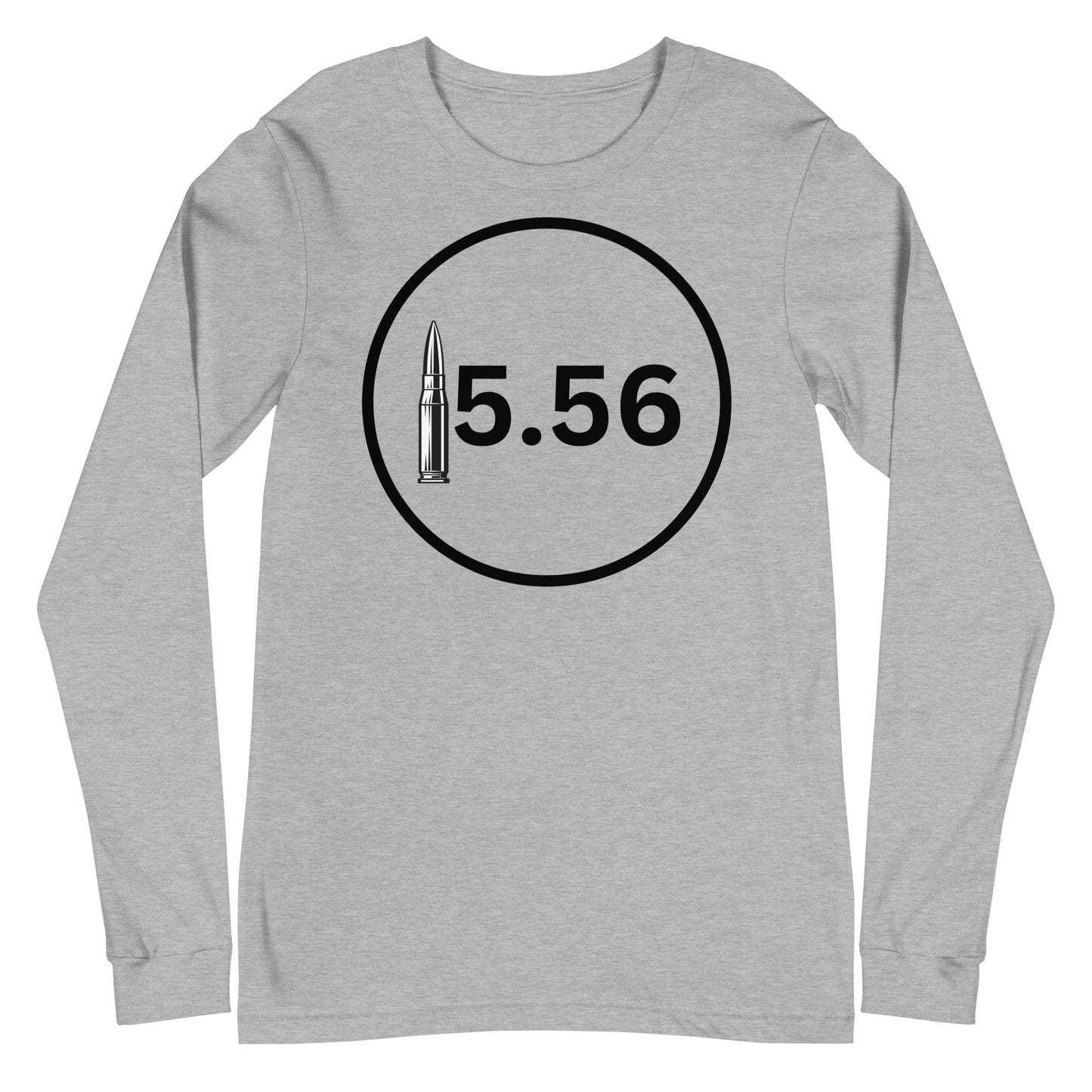 "Patriotic 5.56 Grey Long Sleeve T-shirt featuring the caliber '5.56' and American flag design."