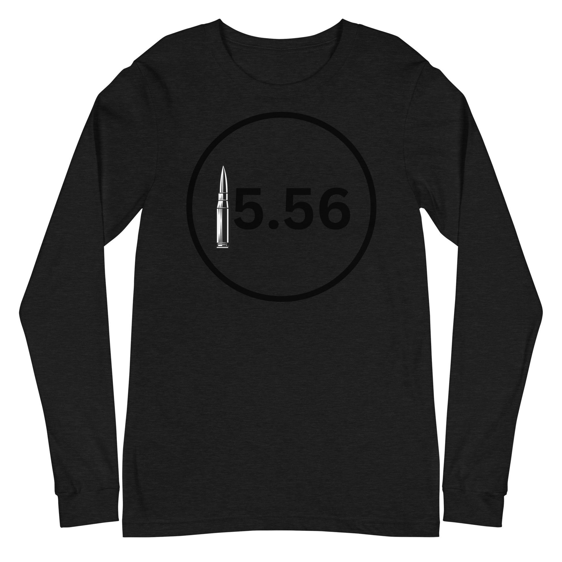 "Patriotic 5.56 Black Long Sleeve T-shirt featuring the caliber '5.56' and American flag design."