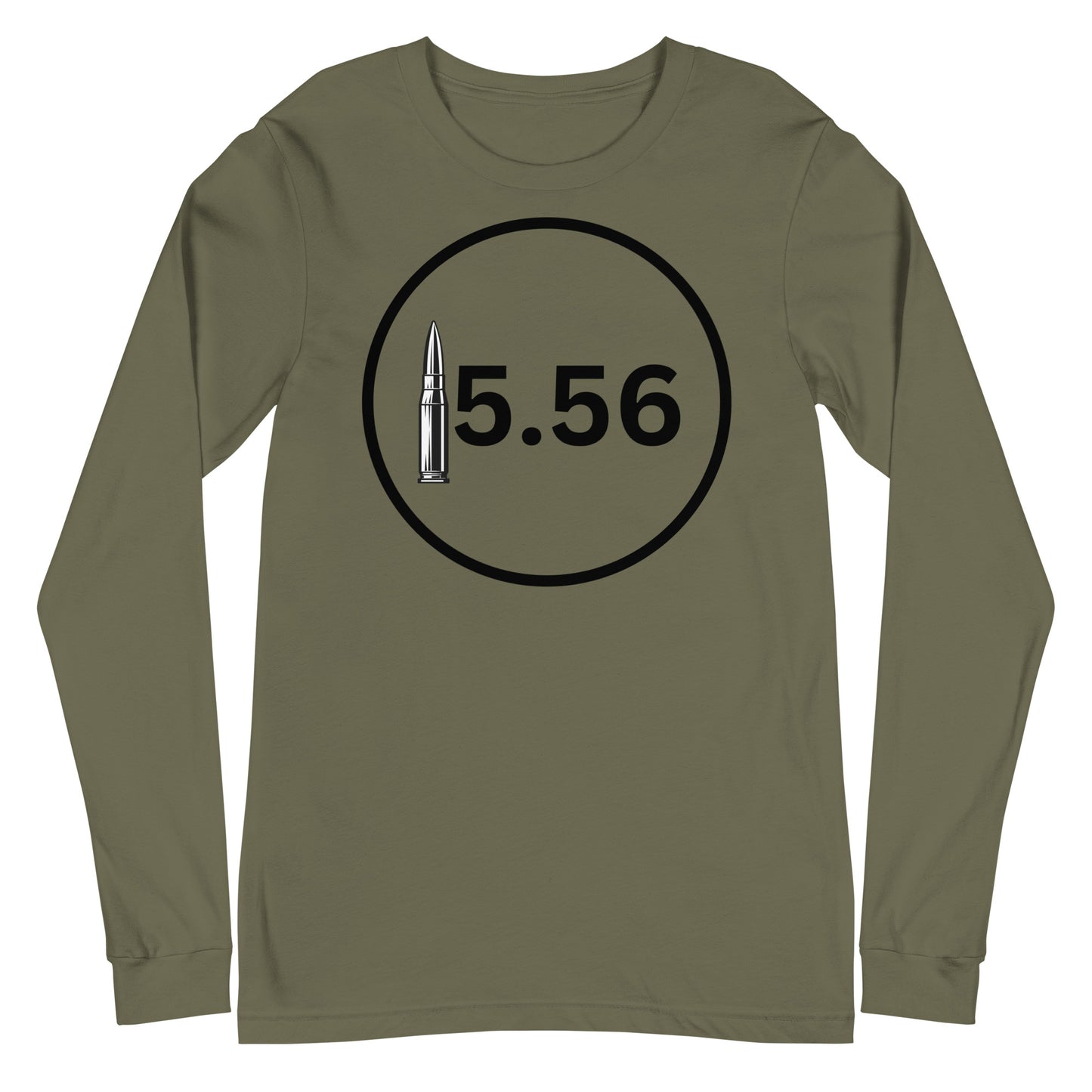 "Patriotic 5.56 Military Green Long Sleeve T-shirt featuring the caliber '5.56' and American flag design."