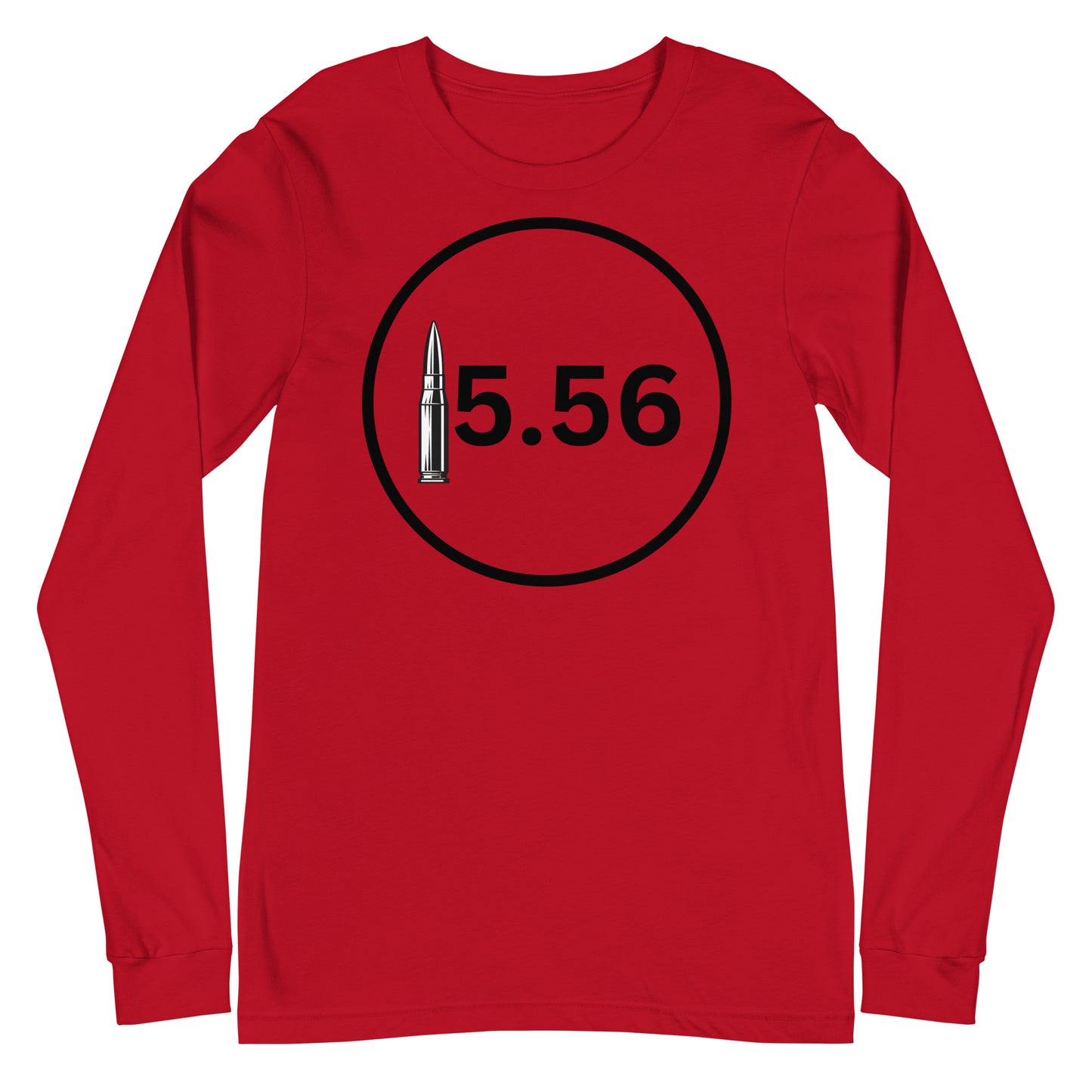 "Patriotic 5.56 Red Long Sleeve T-shirt featuring the caliber '5.56' and American flag design."