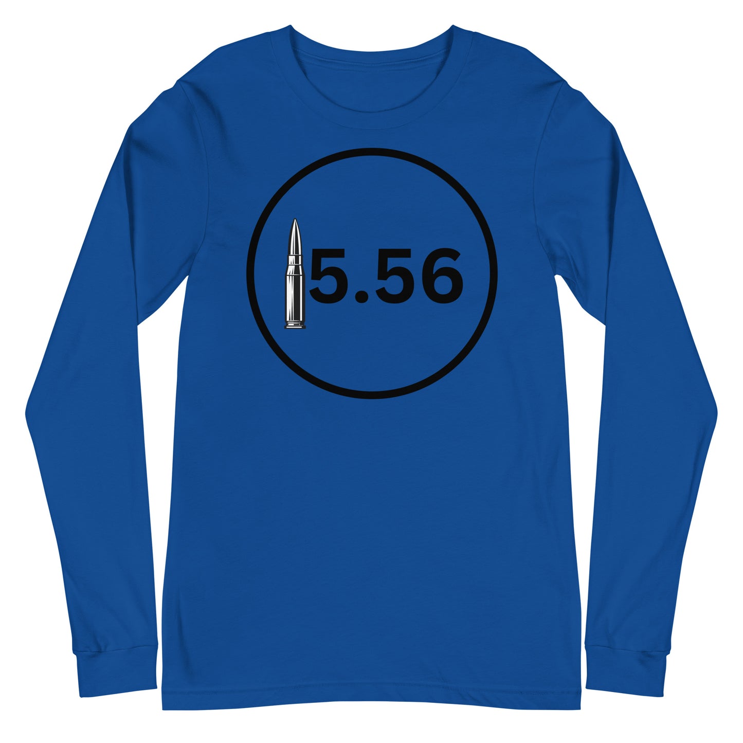 "Patriotic 5.56 Blue Long Sleeve T-shirt featuring the caliber '5.56' and American flag design."