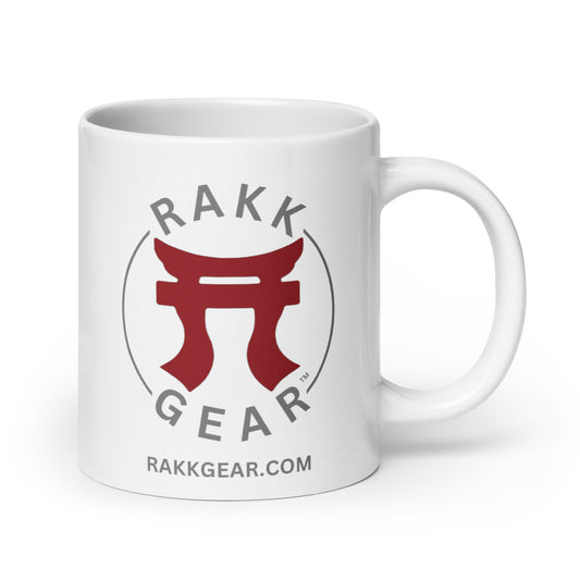 Rakkgear Glossy White Coffee Mug, available in 15 and 20oz sizes, perfect for enjoying your favorite beverages in style.