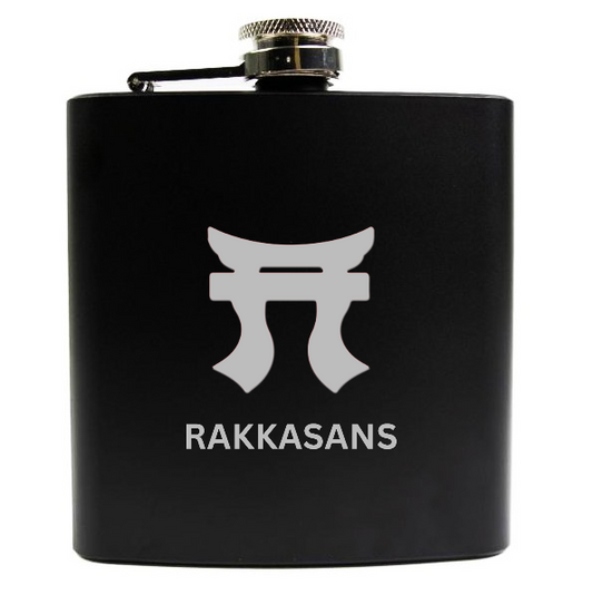 Black Rakkasans Stainless Steel Engraved Flask featuring the Rakkasans logo on the front.
