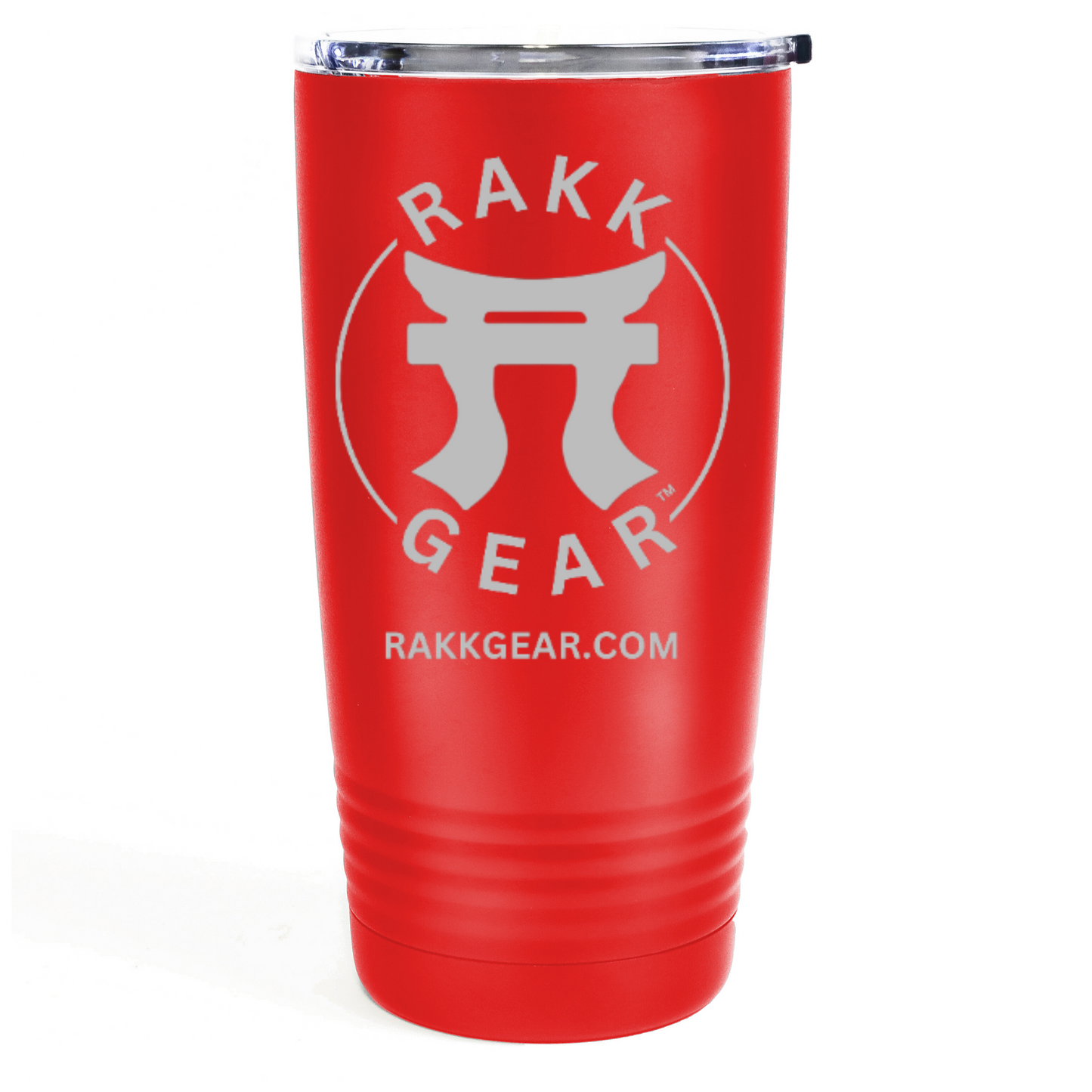 "Red Rakkgear 20oz Stainless Steel Tumbler with Laser Engraved Design."