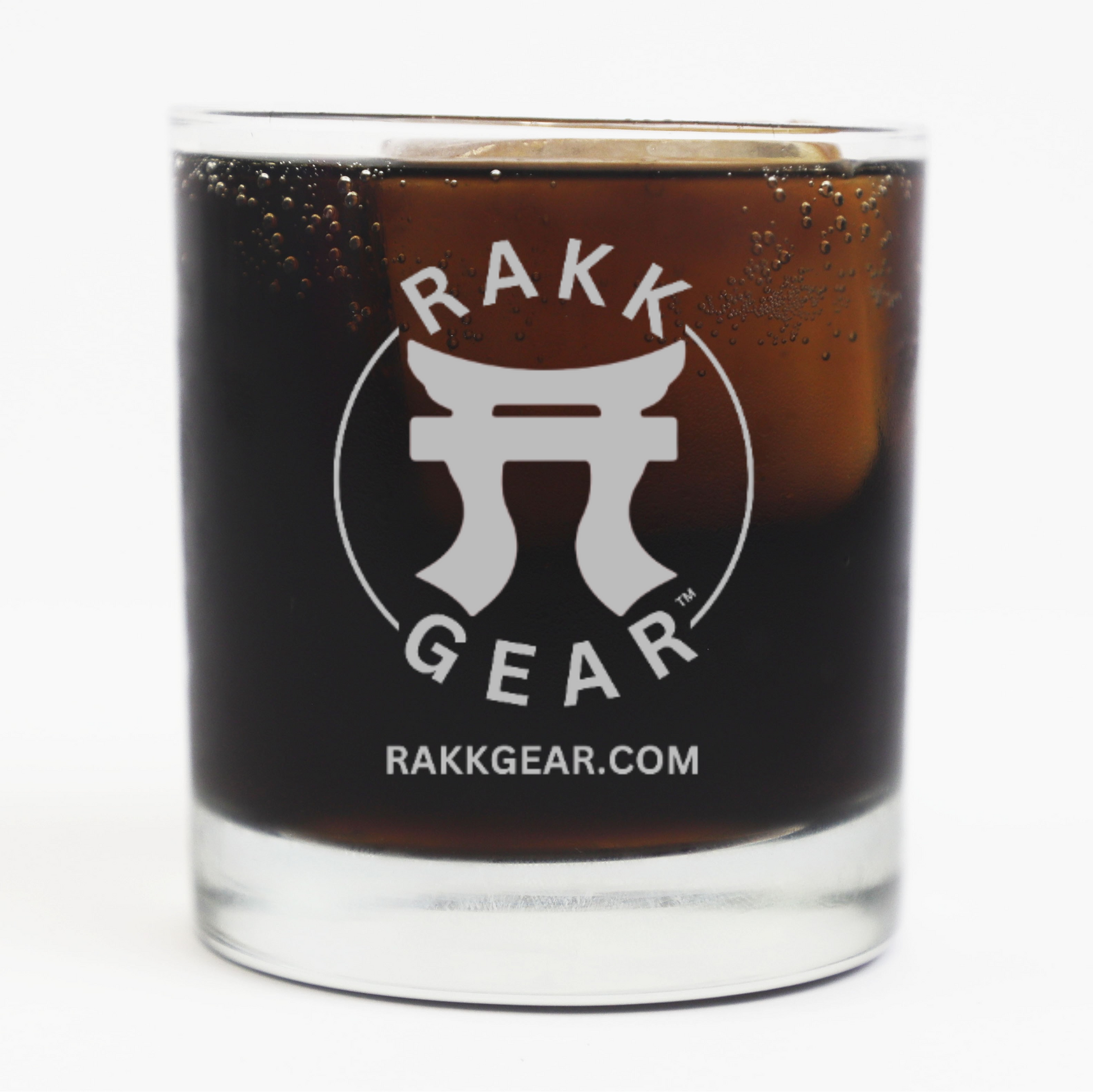 Rakkgear Laser Etched Whiskey Glass - An elegant whiskey glass with the Rakkgear logo etched on its surface.