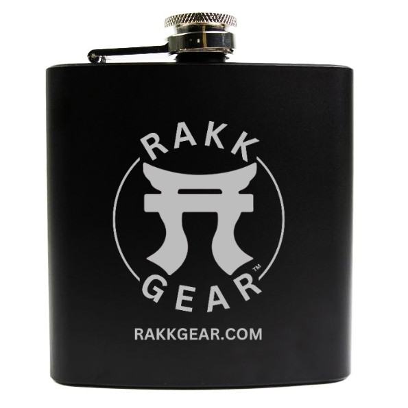 Black Rakkgear Stainless Steel Engraved Flask featuring the Rakkgear logo on the front.