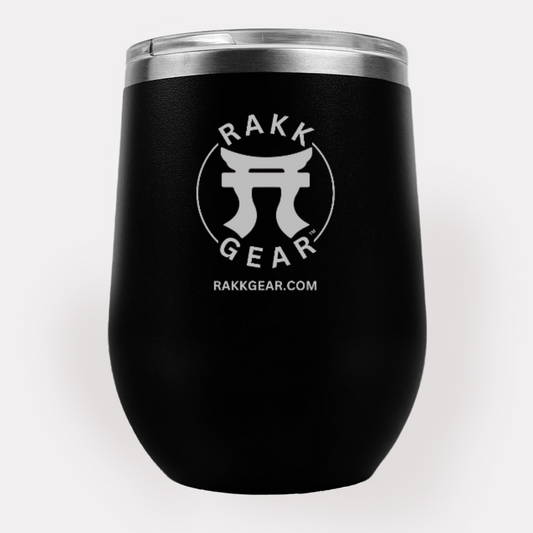 "Black Stainless Steel Laser Etched Wine Holder by Rakkgear, showcasing the Rakkgear logo – a sleek and elegant wine accessory."