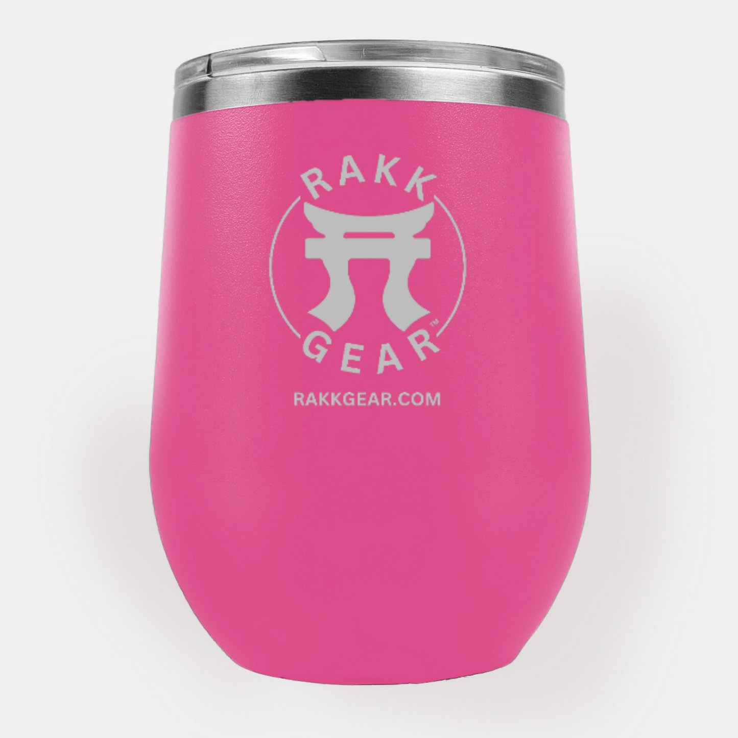 "Pink Stainless Steel Laser Etched Wine Holder by Rakkgear, showcasing the Rakkgear logo – a sleek and elegant wine accessory."
