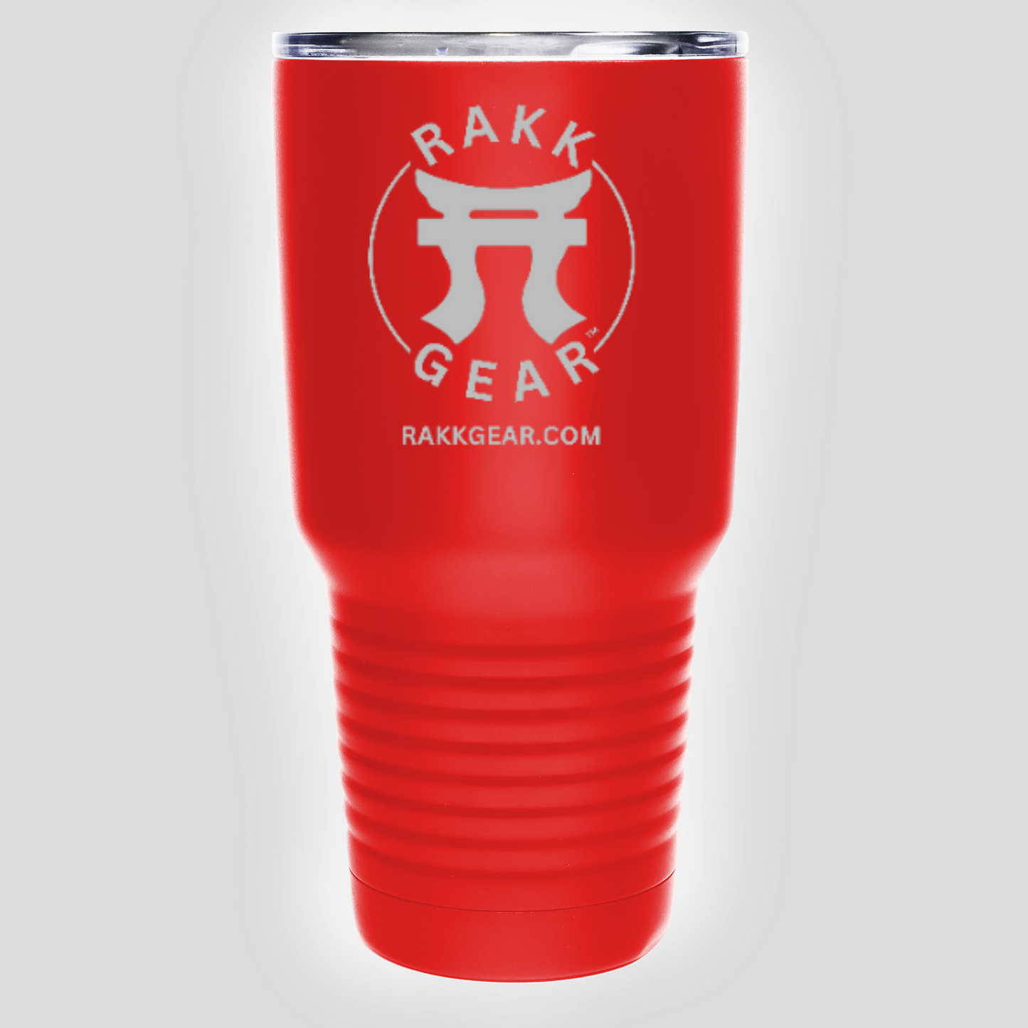 "Red Rakkgear 30oz Stainless Steel Tumbler with Laser Engraved Design."