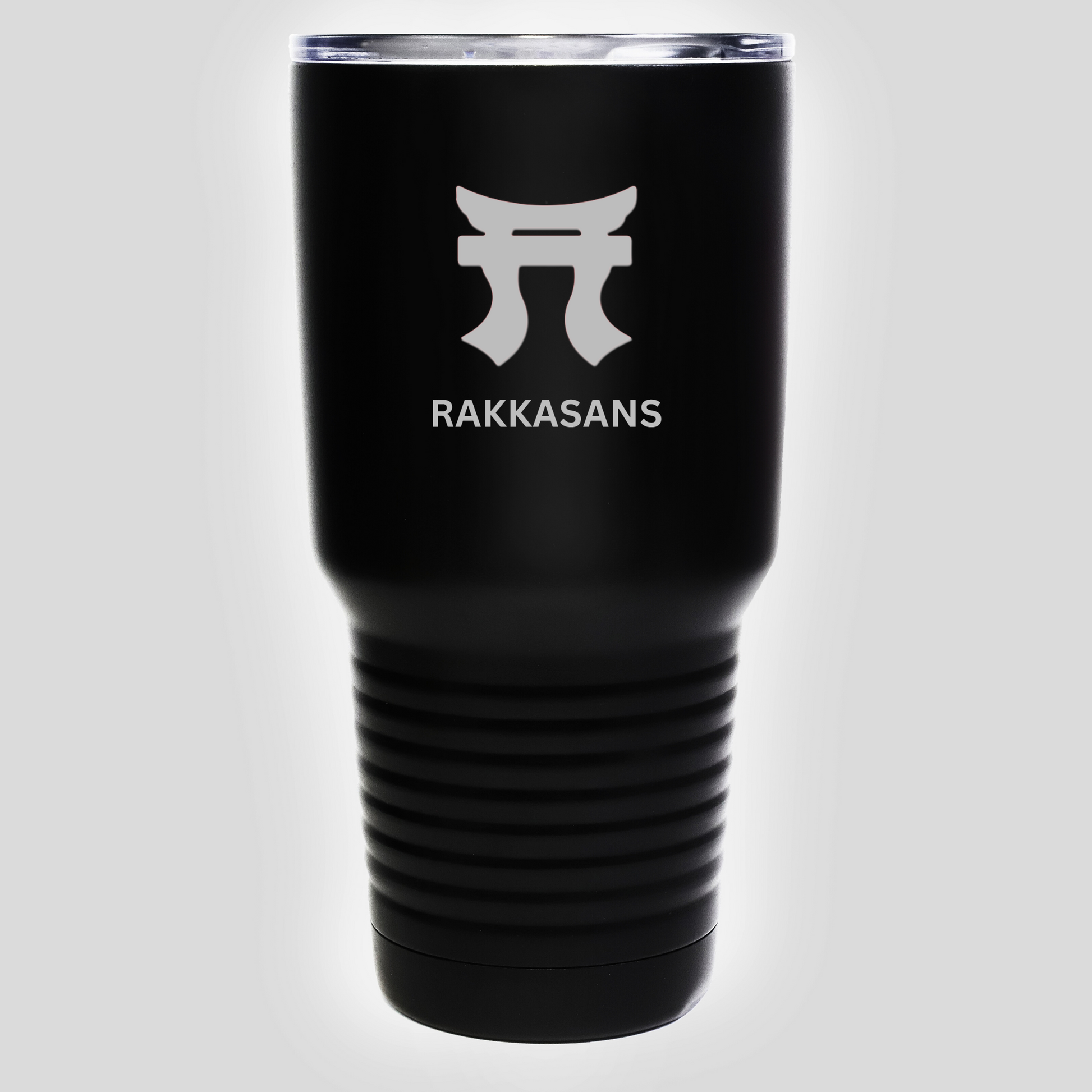 "Black Rakkasans 30oz Stainless Steel Tumbler with Laser Engraved Design."